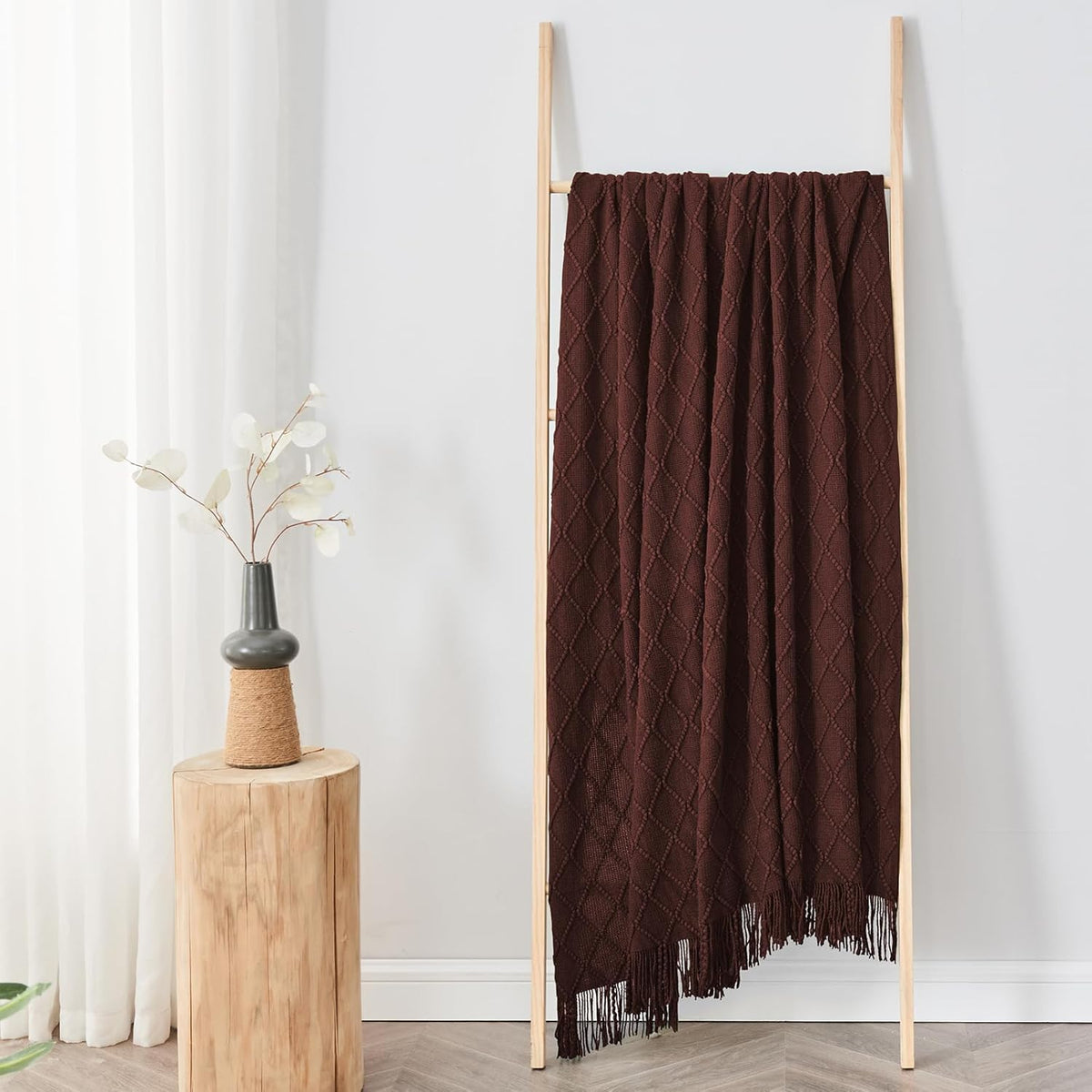 inhand Knitted Throw Blankets for Couch and Bed, Soft Cozy Knit Blanket with Tassel, Diamond Brown