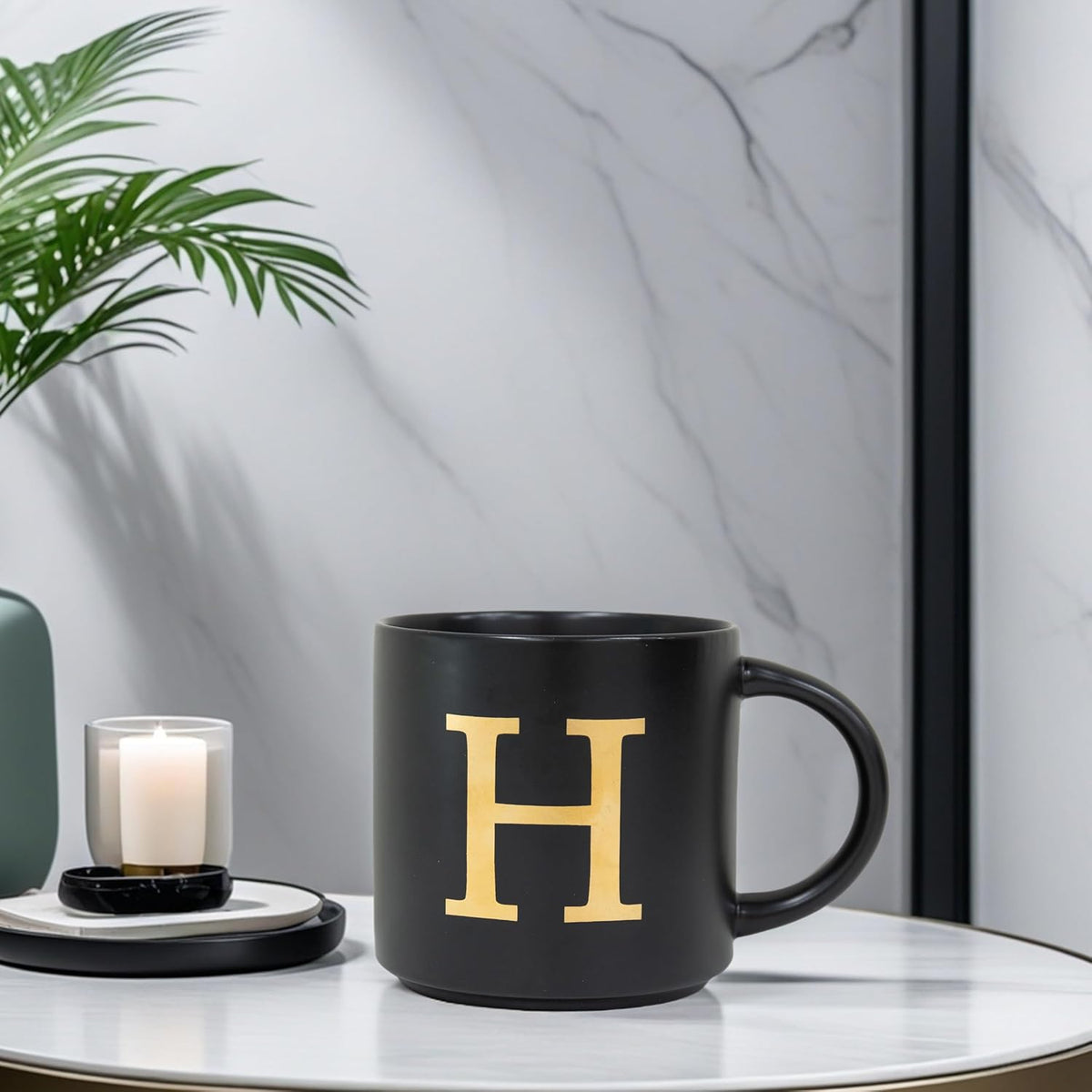 COLLECTIVE HOME - Monogram Ceramic Mugs, 15 oz Golden Initial Black Coffee Cups, Elegant Alphabet