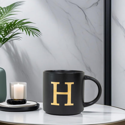 COLLECTIVE HOME - Monogram Ceramic Mugs, 15 oz Golden Initial Black Coffee Cups, Elegant Alphabet