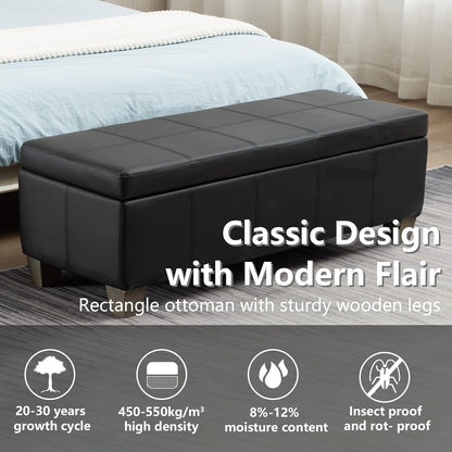 51 Inch Black Faux Leather Ottoman with Storage, Rectangular Extra Long Bench, End of Bed Bench