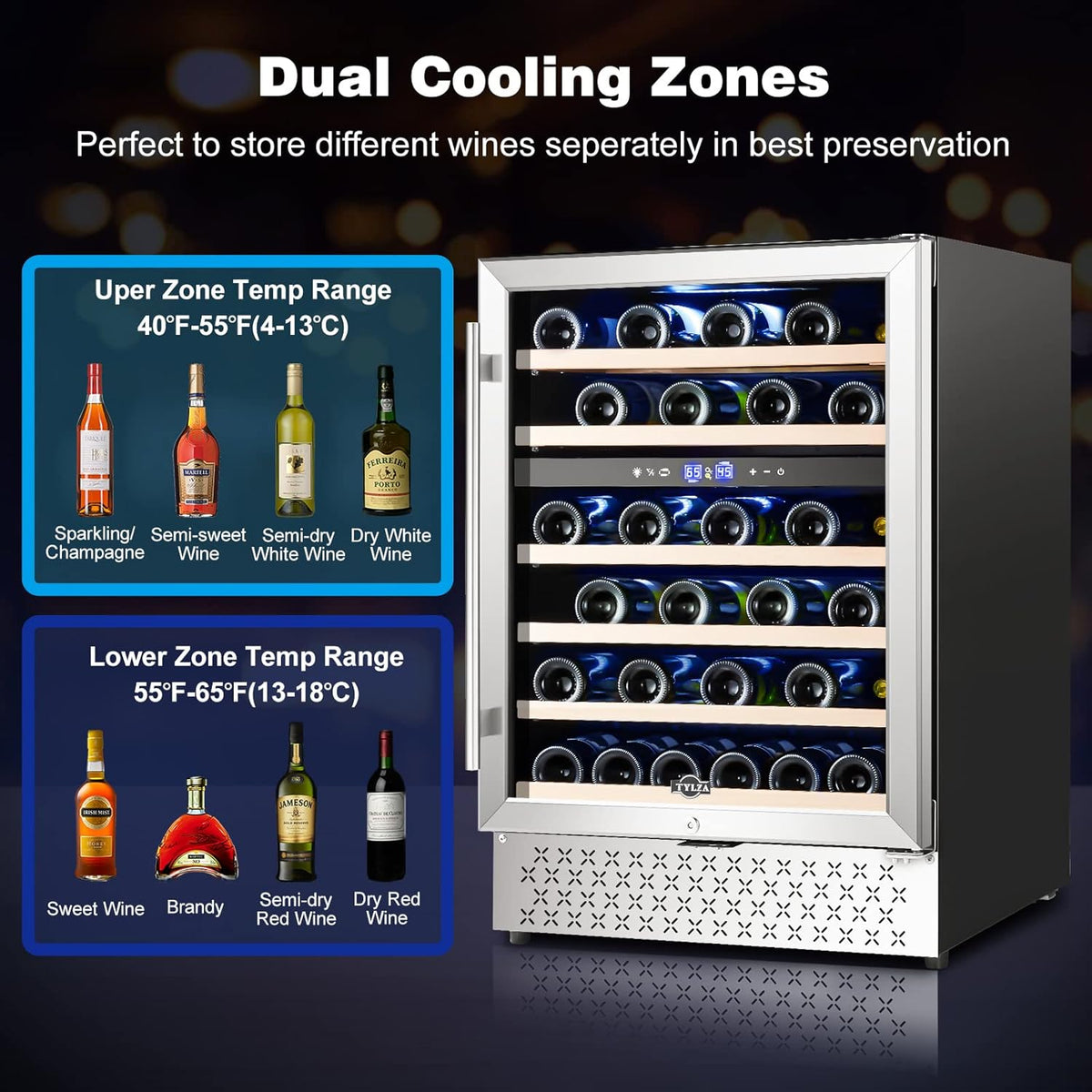 Tylza 24 Inch Dual Zone Wine Cooler Refrigerator, 46 Bottle Built-in or Freestanding, 24'' Wine
