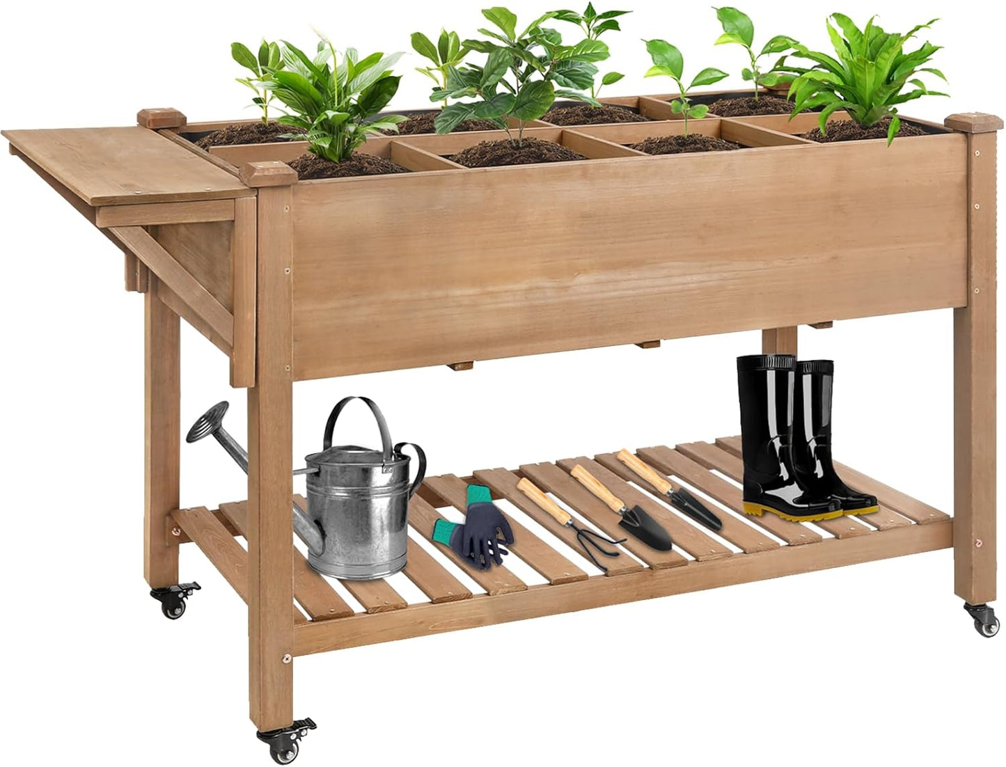 Raised Garden Bed with Lockable Wheels Mobile Elevated Wood Planter,Storage Shelf, Protective