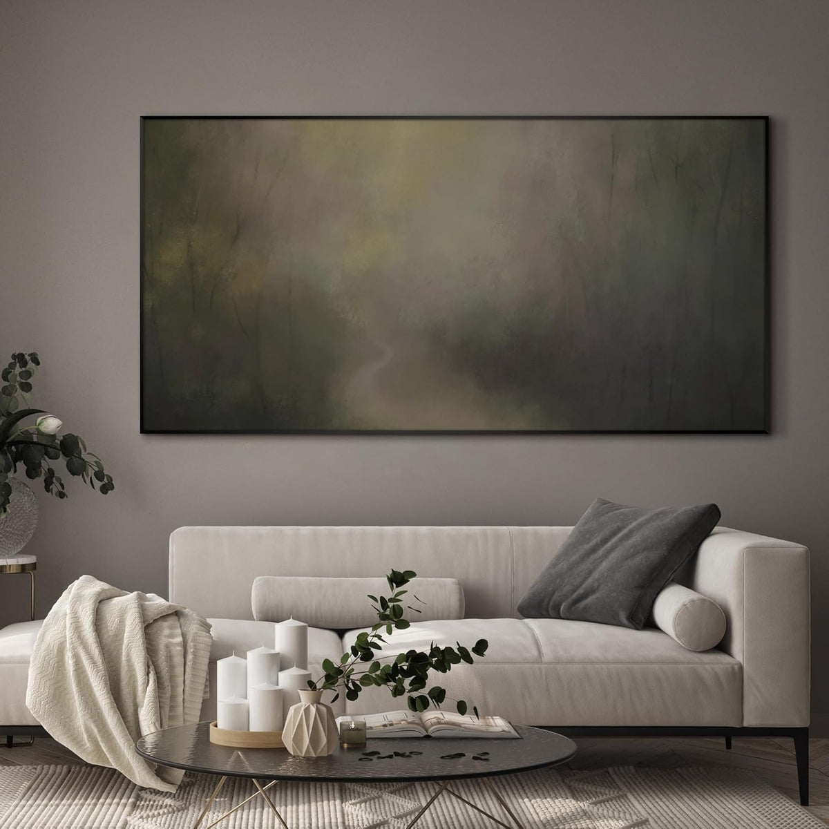 SIGNWIN 24"x46" Extra Large Framed Wall Art Muted Forest Path Soft Misty Woodland Scene