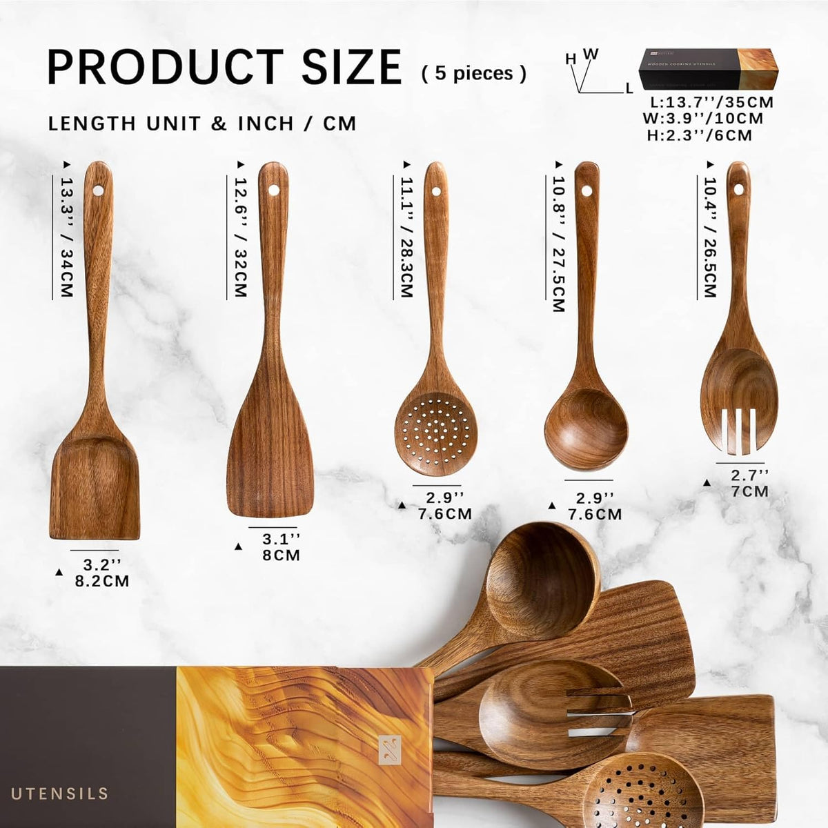 Wooden Spoons for Cooking, Nonstick Cooking Utensil Set with 5 Piece Acacia Wooden Spatulas and