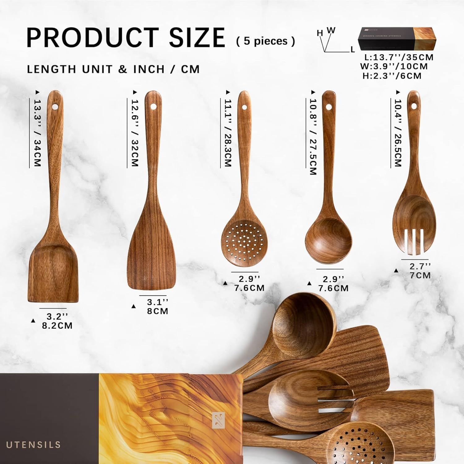 Wooden Spoons for Cooking, Nonstick Cooking Utensil Set with 5 Piece Acacia Wooden Spatulas and