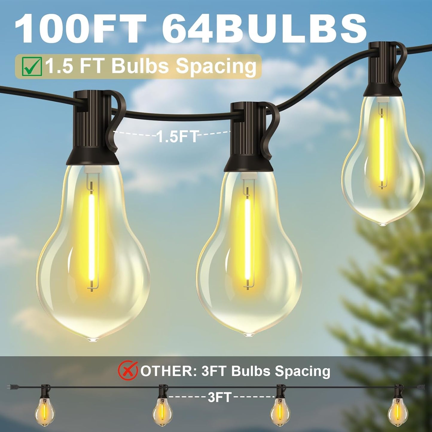 100FT Outdoor String Lights Waterproof with 64+4 Bulbs (1.5FT Bulbs Spacing), Remote & Dimmer