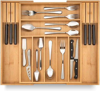 Bamboo Drawer Organizer with Knife Blocks - Silverware Organizer & Utensil Drawer Organizer