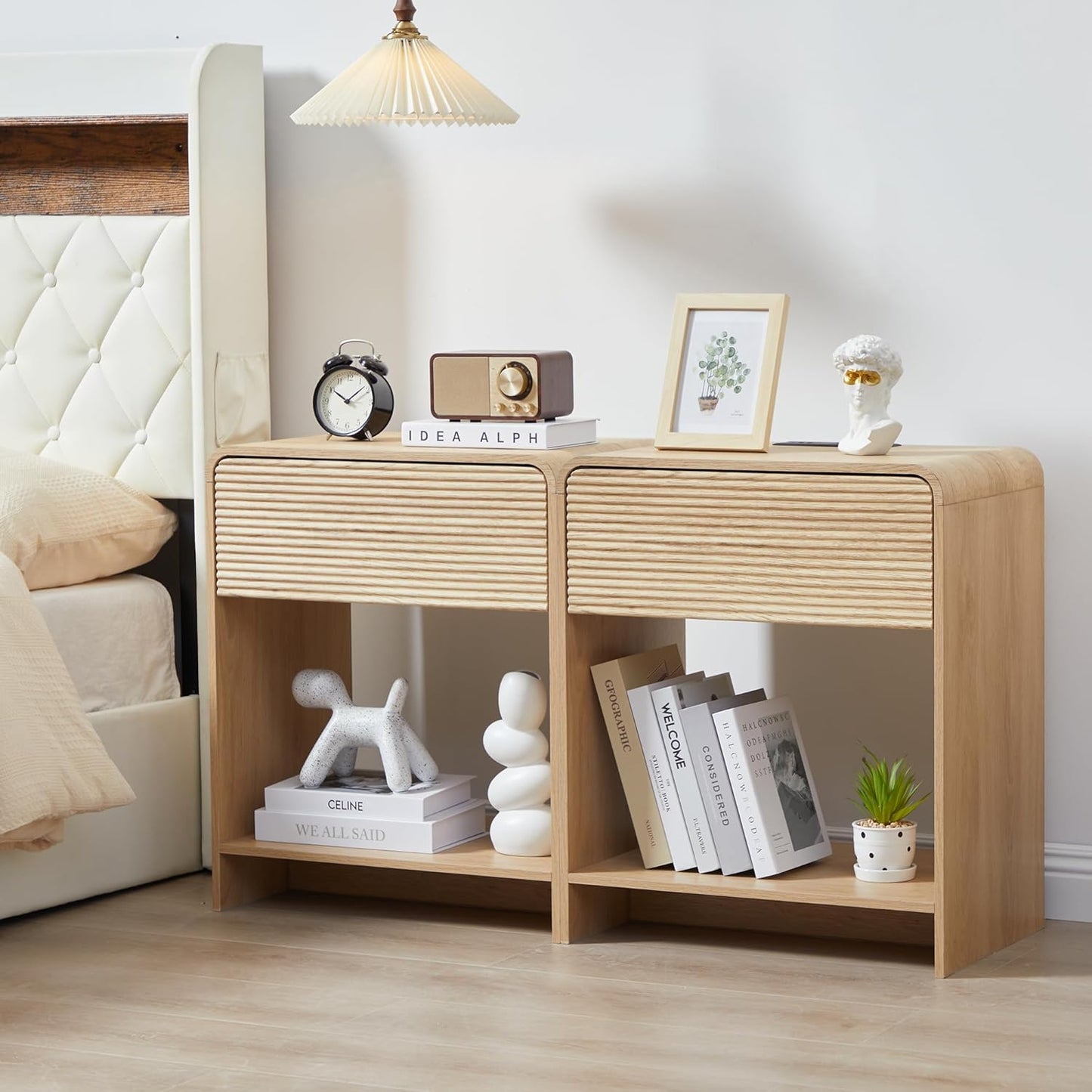 Fluted Nightstand Set of 2 with Charging Station, Modern Bed Side Table End Table with Drawer