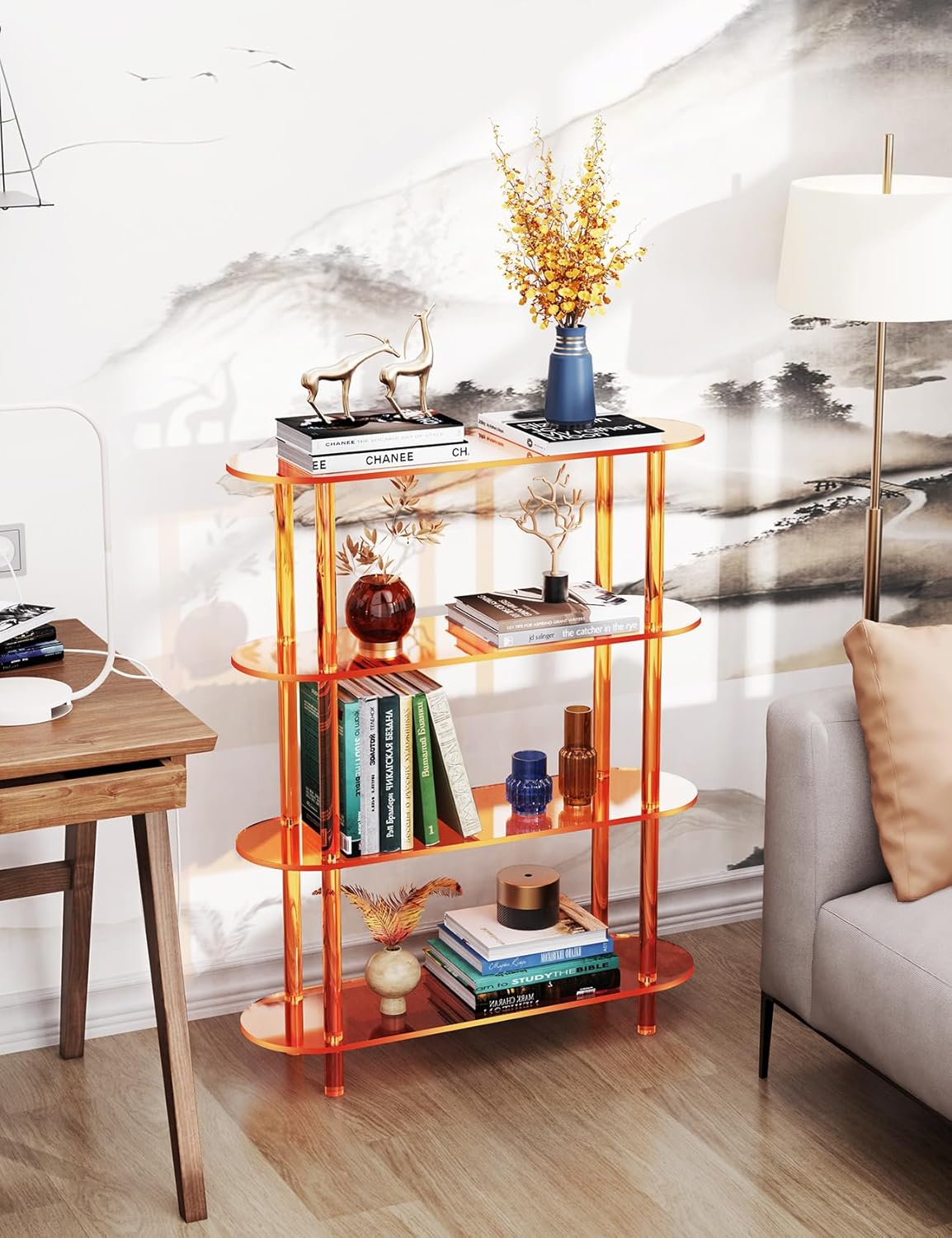 Clear Bookshelf, Acrylic Bookcase with Open Book Shelf for Office Living Room Bedroom (4 Tier
