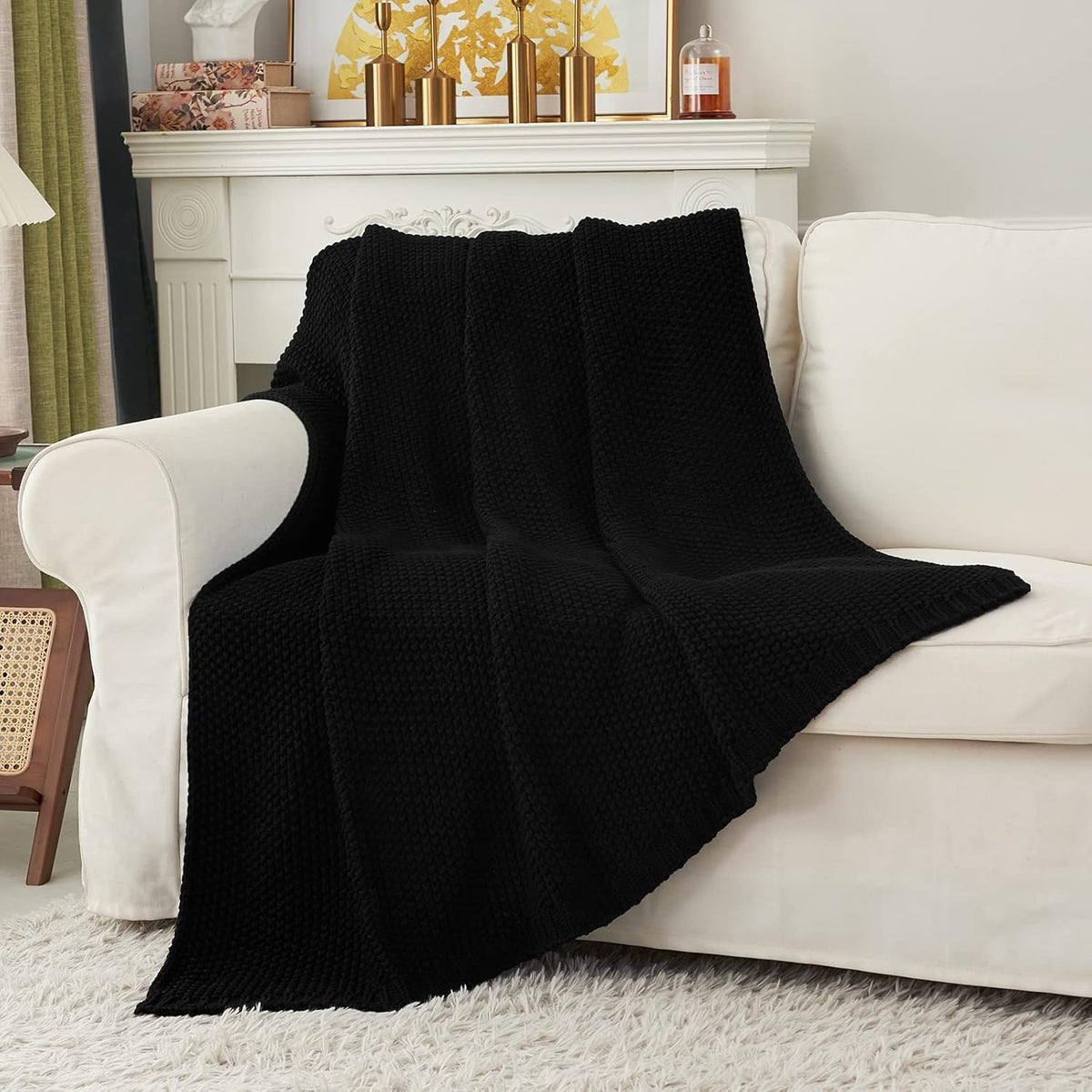 Longhui bedding Chunky Cable Knit Throw Blanket Lightweight Black 100% Organic Cotton Blanket for