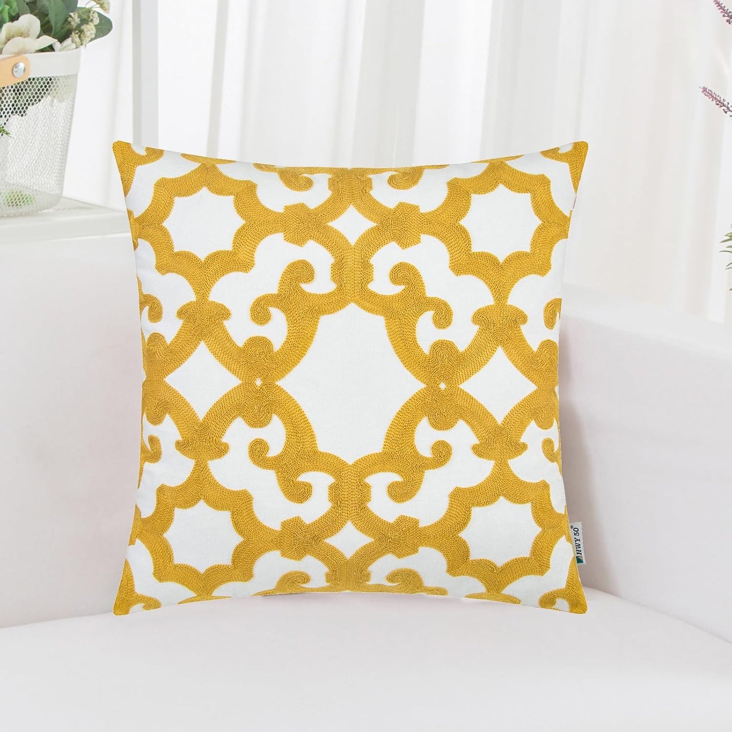 HWY 50 Mustard Yellow Decorative Throw Pillow Covers 18x18 Inch (1 Piece), Embroidered Cotton