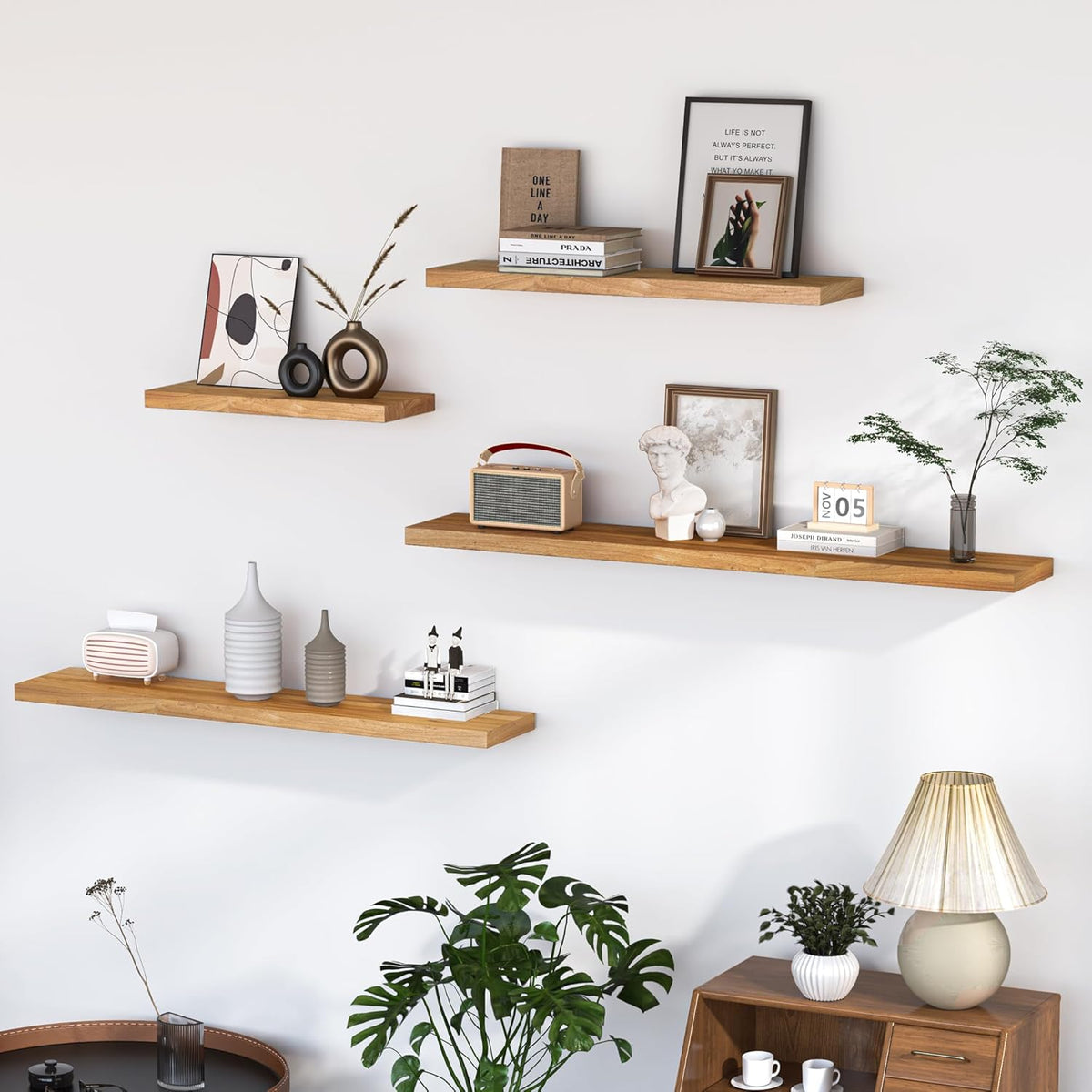 Fun Memories Floating Shelves for Wall, 72"x9.3" Rustic Solid Elm Wood Shelves, Heavy-Duty Wall