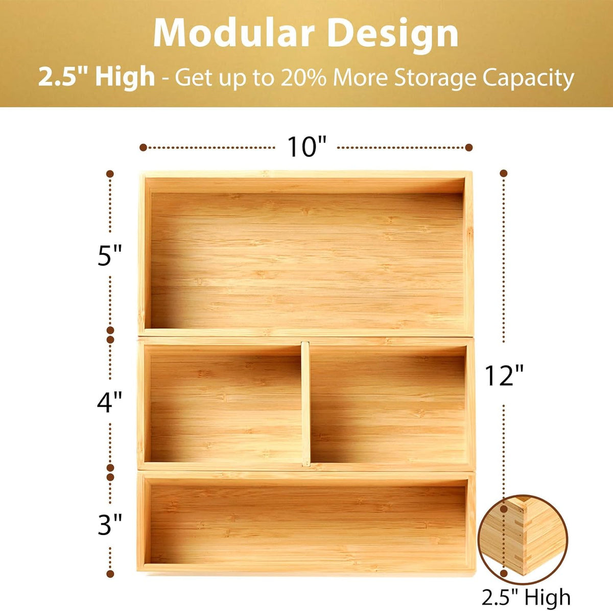 Umilife Drawer Organizer Storage Boxes, 2.5" High Bamboo Drawer Dividers, 3 Rearrangeable Bins for