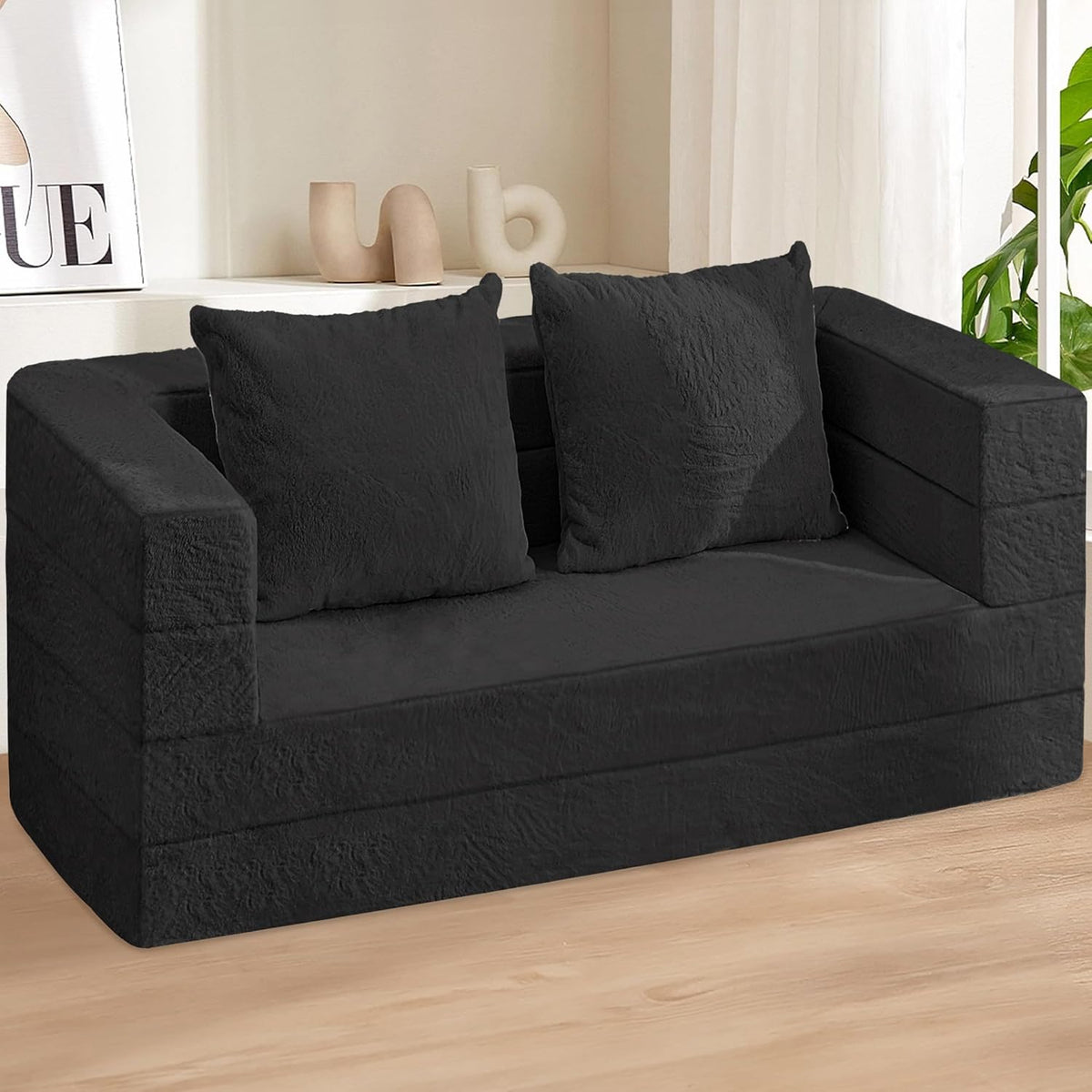 Folding Bean Bag Chair for Adults,3-in-1 Bean Bag Couch Faux Fur Floor Sofa Large Beanbag