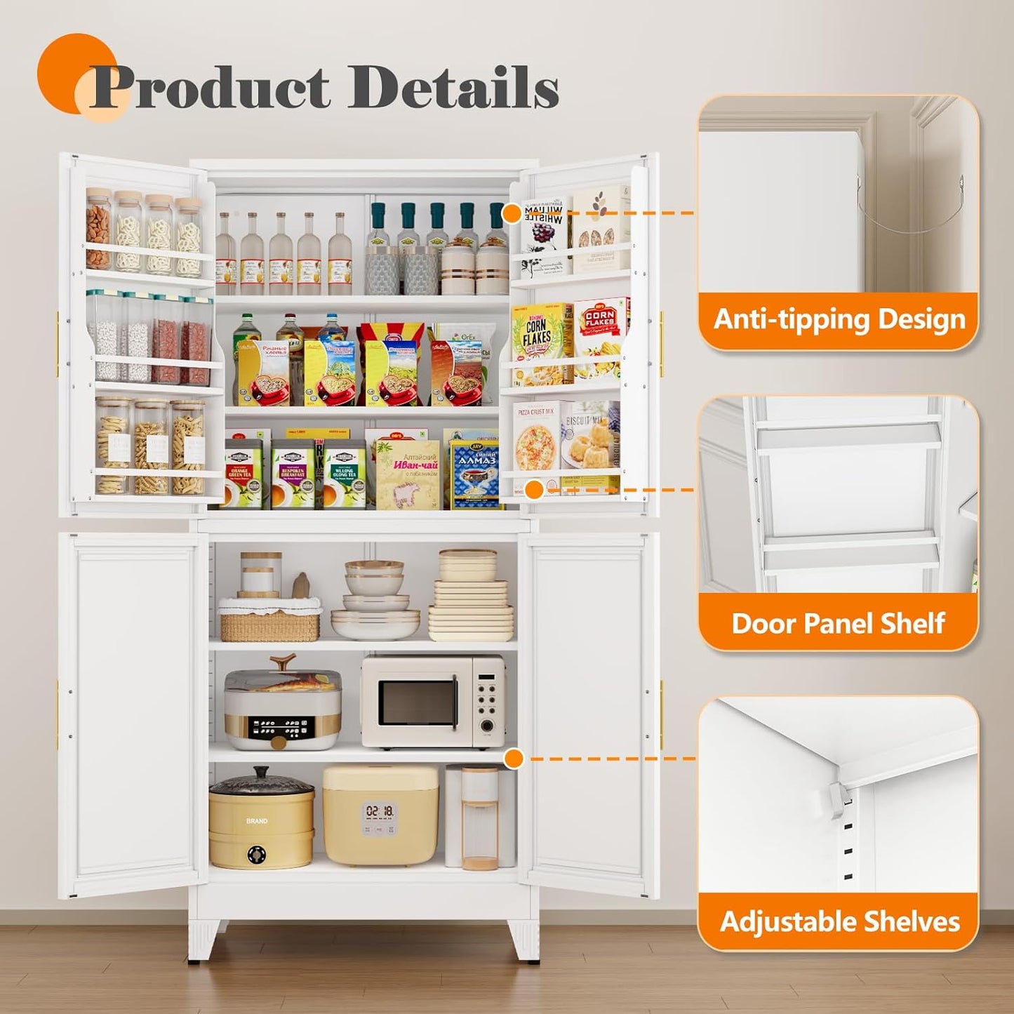 74.8" Tall Metal Food Cabinet, White Kitchen Pantry Cabinet, Storage Cabinets with 4 Door and 4