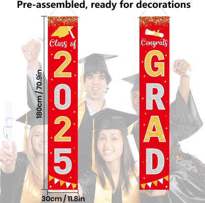 Graduation Decorations 2025 GRAD Banner Red Porch Door Sign Welcome Banner For Indoor Outdoor Wall