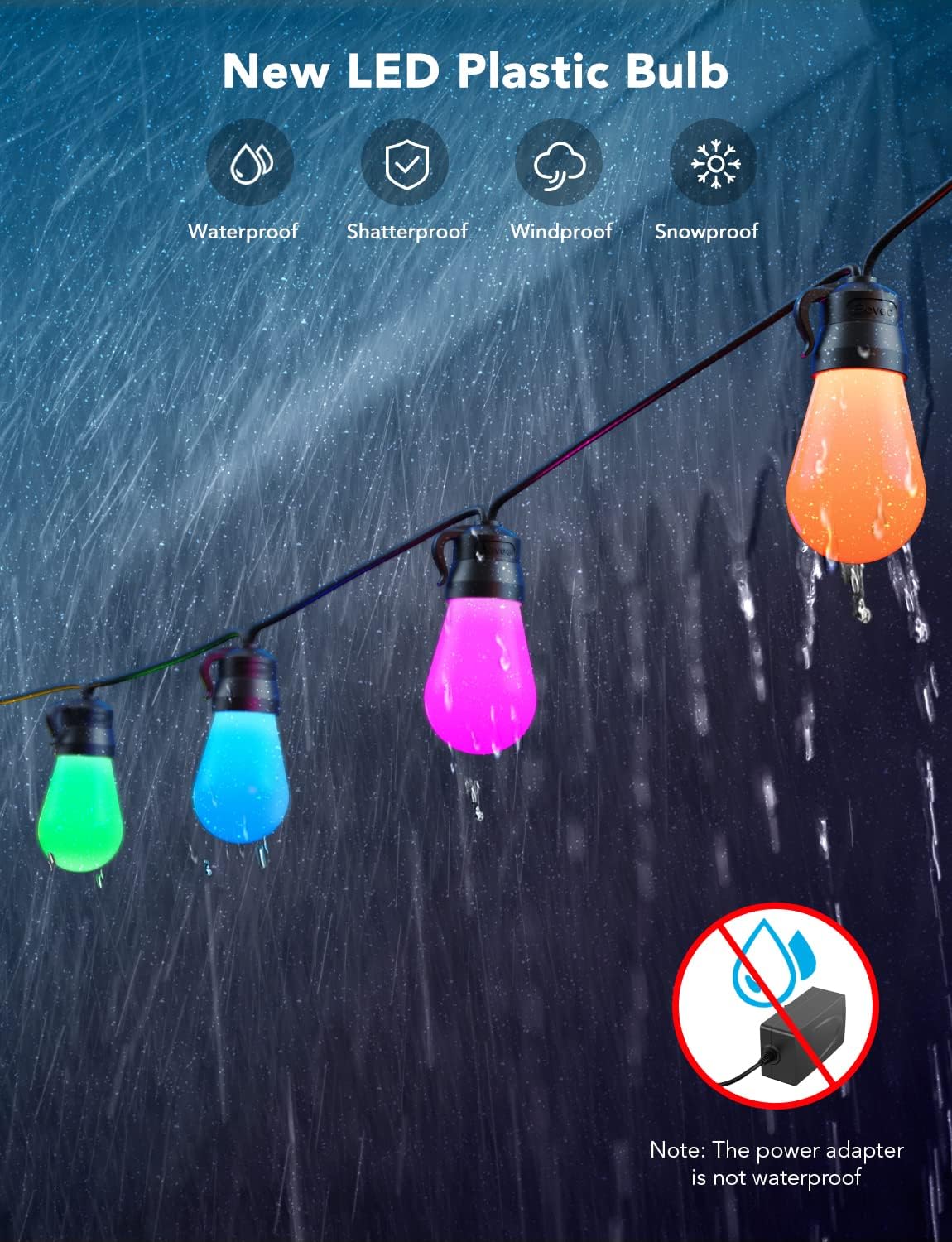Govee Smart Outdoor String Lights H7015, 48ft RGBIC Outdoor Lights with 15 Dimmable LED Bulbs, IP65