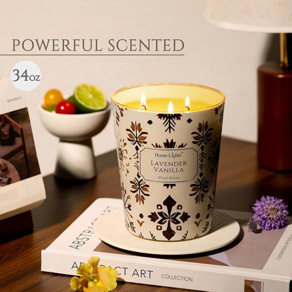HomeLights Large jar Candle | 3-Wick Long-Lasting Scented Candles, 34oz Natural Soy Wax Candle for