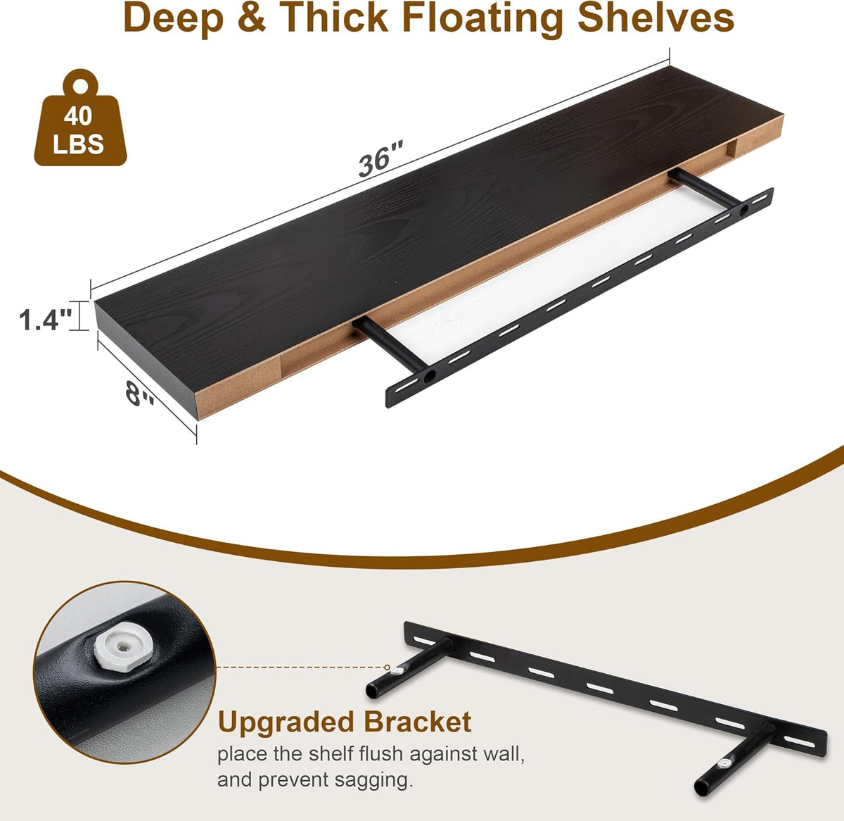 Fun Memories Black Floating Shelves 36 Inch Long, 8 Inch Deep Floating Shelf for Wall, 36" W x 8" D
