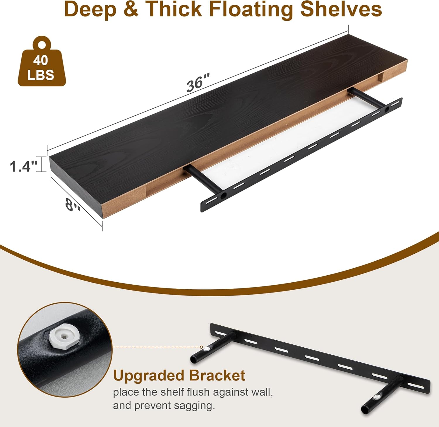Fun Memories Black Floating Shelves 36 Inch Long, 8 Inch Deep Floating Shelf for Wall, 36" W x 8" D