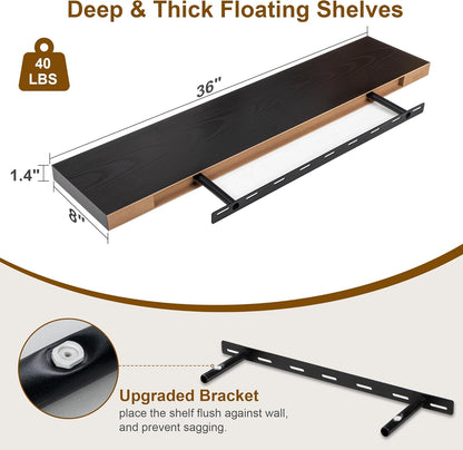 Fun Memories Black Floating Shelves 36 Inch Long, 8 Inch Deep Floating Shelf for Wall, 36" W x 8" D