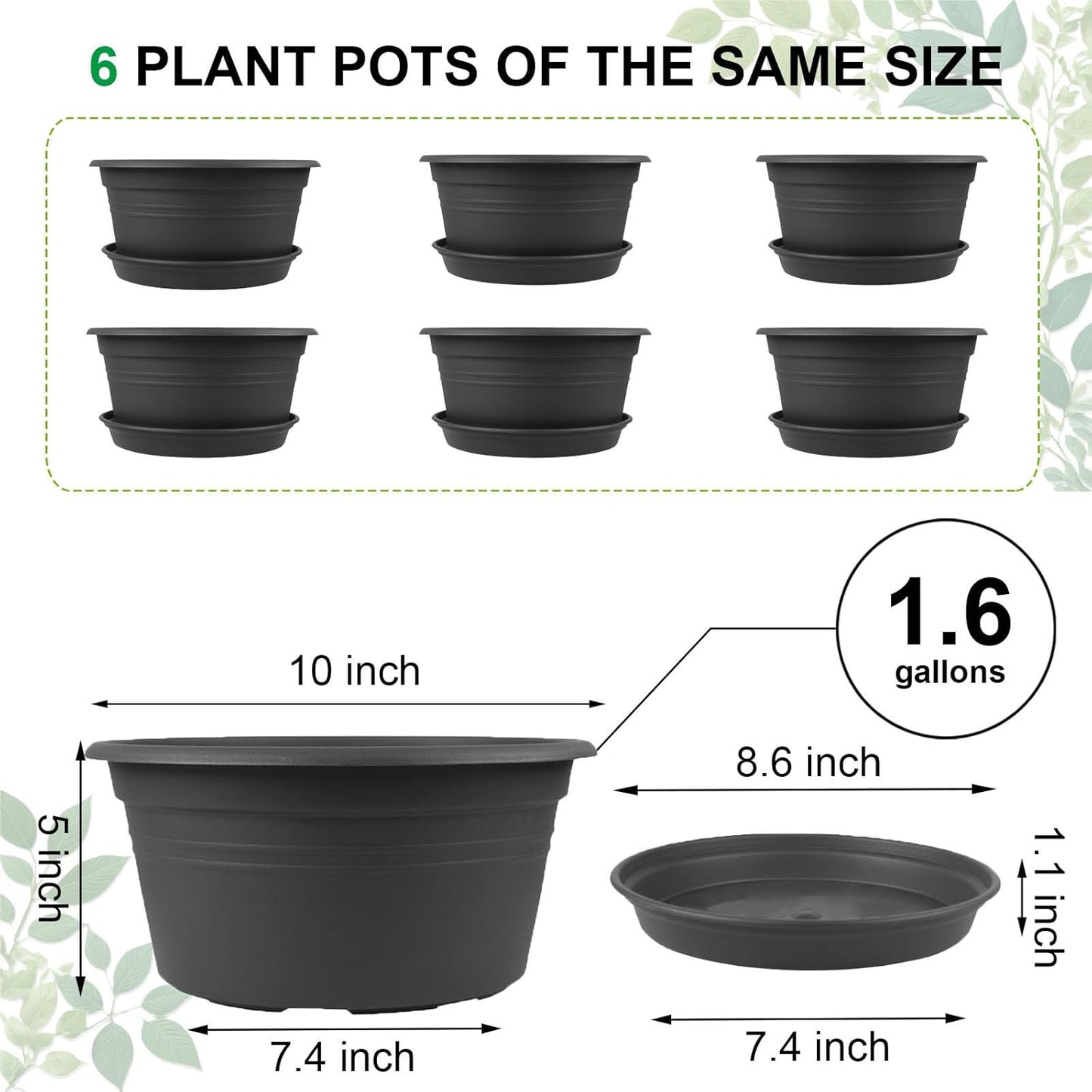 6 Pack 10 inch Plant Pot, Round Plastic Plant Pots, Outdoor Pots for Plants with Drainage Hole &