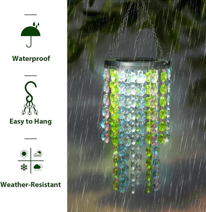 Hanging Solar Lantern Outdoor, 2 Tiers 21” Solar Multicolor Acrylic Beaded Chandelier with Cool