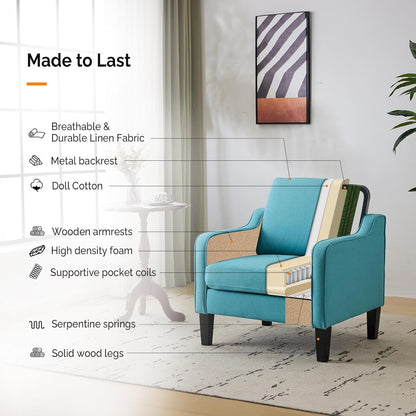 VINGLI Accent Chairs Set of 2 Living Room Chairs Teal Blue Reading Chair for Bedroom Scooped Arm