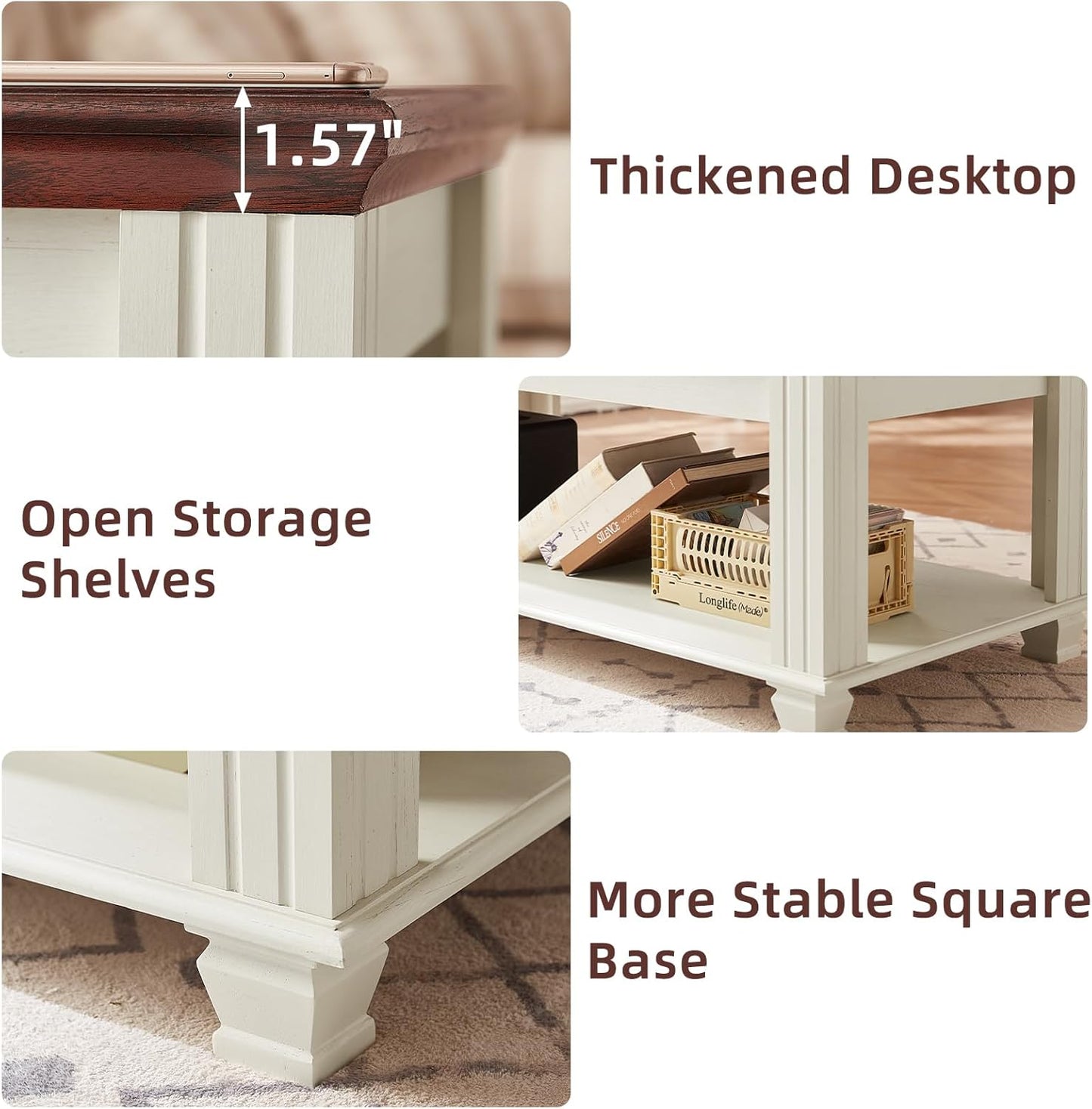 Farmhouse Coffee Tables for Living Room,Square Tea Table with Open Storage Shelf,Large Coffee