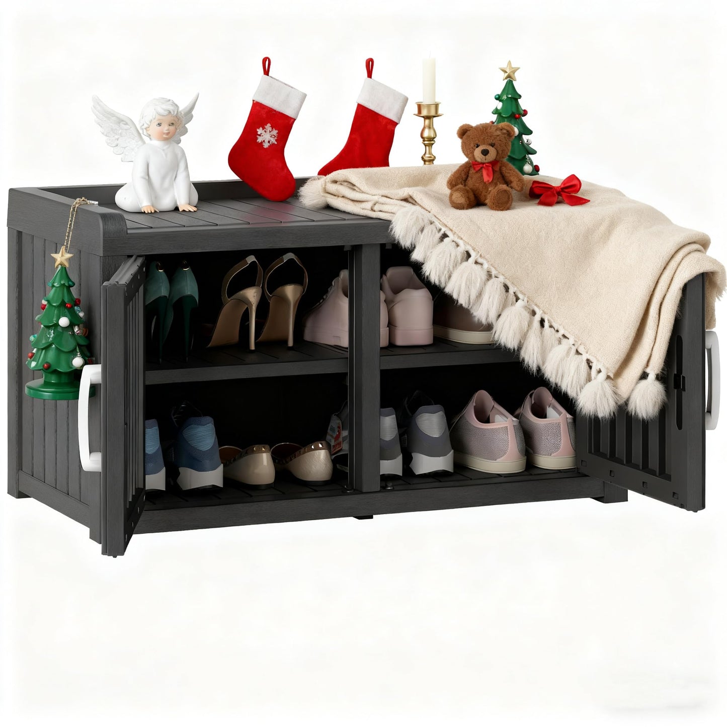 KAMABOKO Outdoor Shoe Storage Cabinet, Waterproof UV-Resistant Entryway Storage Bench Indoor