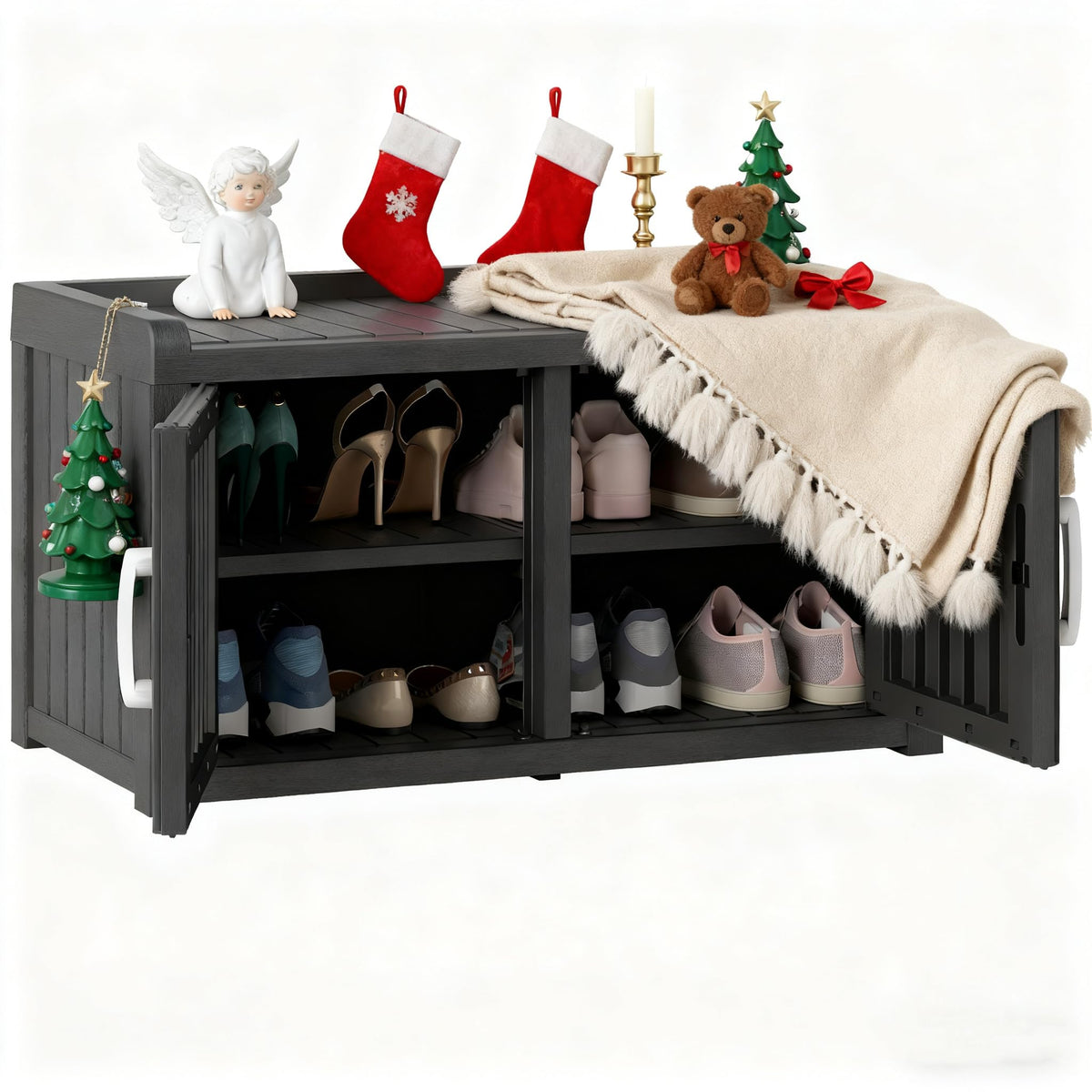 KAMABOKO Outdoor Shoe Storage Cabinet, Waterproof UV-Resistant Entryway Storage Bench Indoor