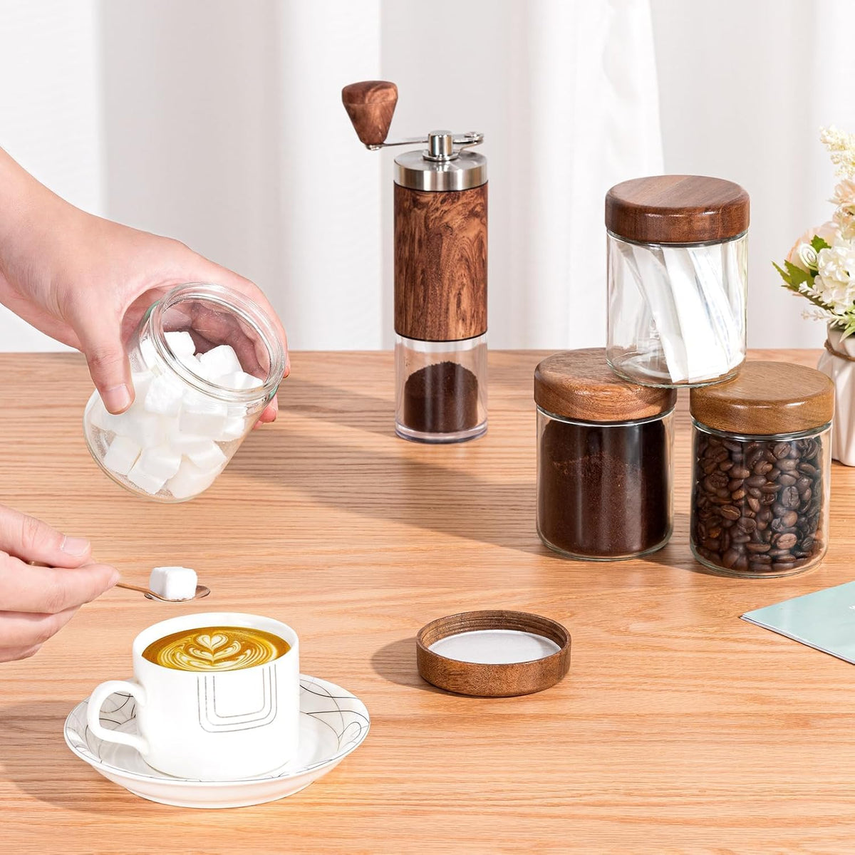 Yangbaga 12Pcs Glass Spice Jars with Labels-8oz Acacia Wood Lid Square Spice Containers,Seasoning