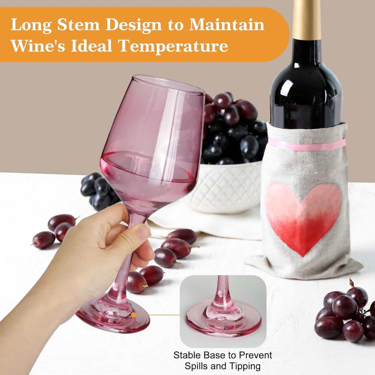 Pink Wine Glasses Set of 6-12oz Pink Long Stem Wine Glass Cups, Pink Pretty Crystal Glassware, Hand