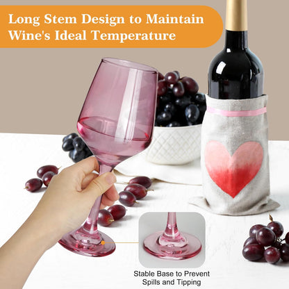 Pink Wine Glasses Set of 6-12oz Pink Long Stem Wine Glass Cups, Pink Pretty Crystal Glassware, Hand