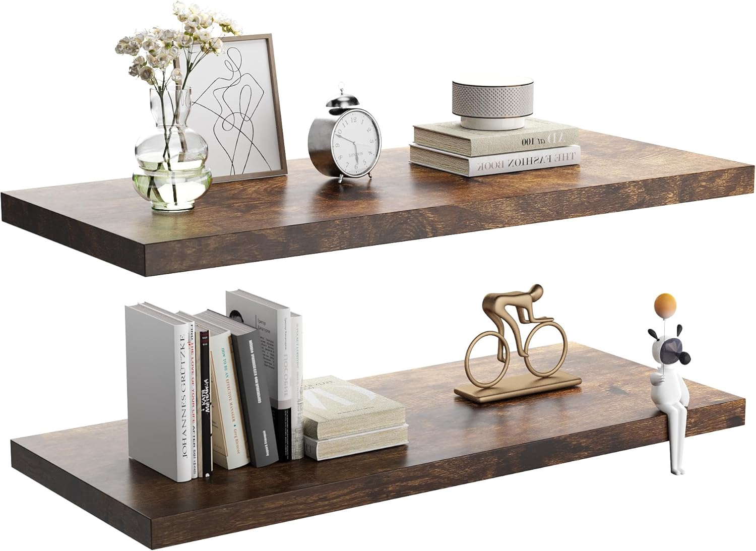 Wall Shelf Set of 2, Rustic Brown Floating Shelves 24 in W x 10 in D x 1 in H, Wooden Floating Wall
