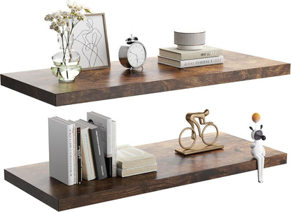 Wall Shelf Set of 2, Rustic Brown Floating Shelves 24 in W x 10 in D x 1 in H, Wooden Floating Wall