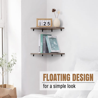Corner Shelf Wall Mount, Floating Corner Shelves, Set of 2 Corner Wall Shelf Organizer, Rustic Wood