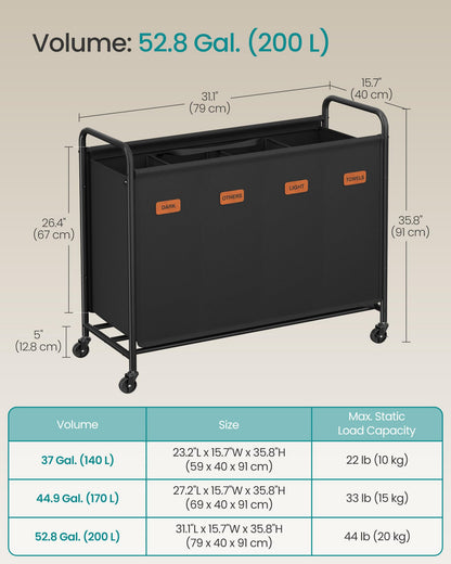 SONGMICS 4-Section Laundry Sorter, Laundry Hamper with Wheels, Rolling Clothes Hamper Cart with