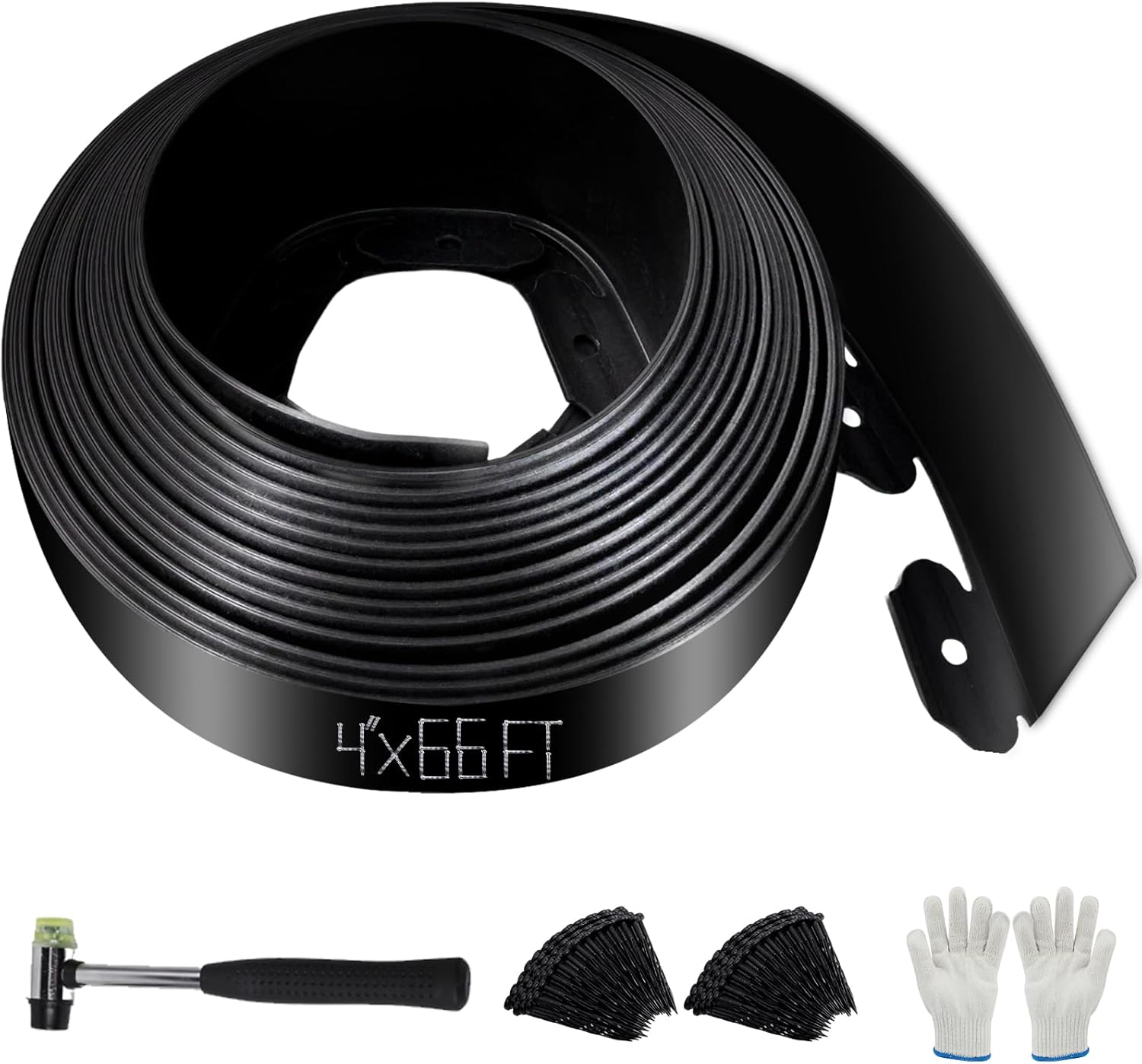 No Dig Landscape Edging 4" x 66FT Kit, Plastic Edging for Landscaping with 200 Spikes, for Garden
