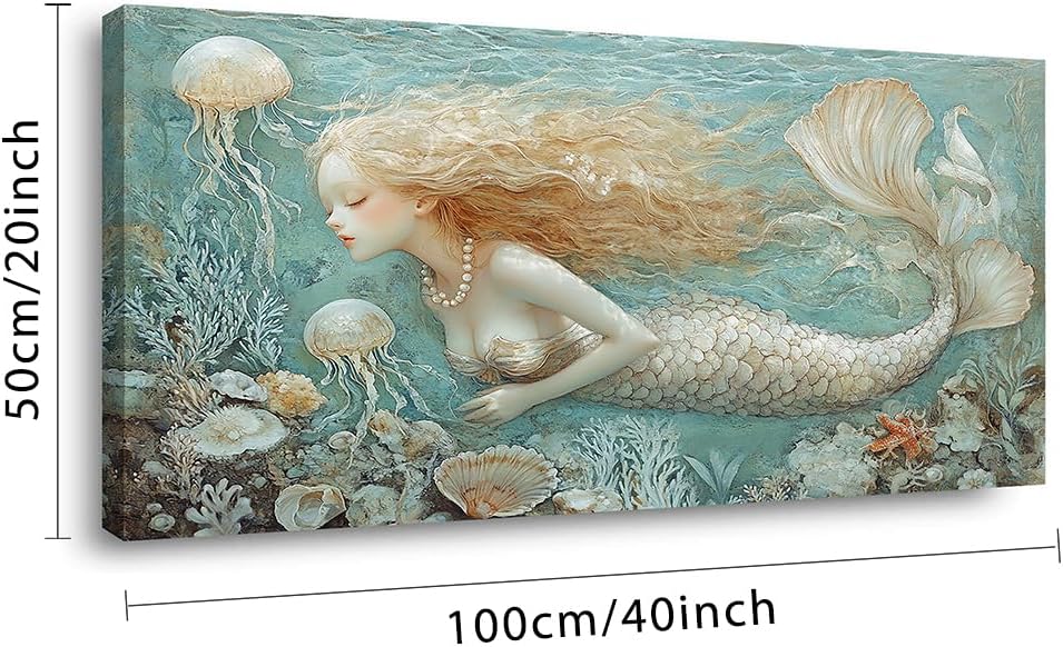 LASMOND Ocean Mermaid Wall Art for Girls Room Modern Canvas Prints Marine Organism Underwater World