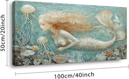 LASMOND Ocean Mermaid Wall Art for Girls Room Modern Canvas Prints Marine Organism Underwater World