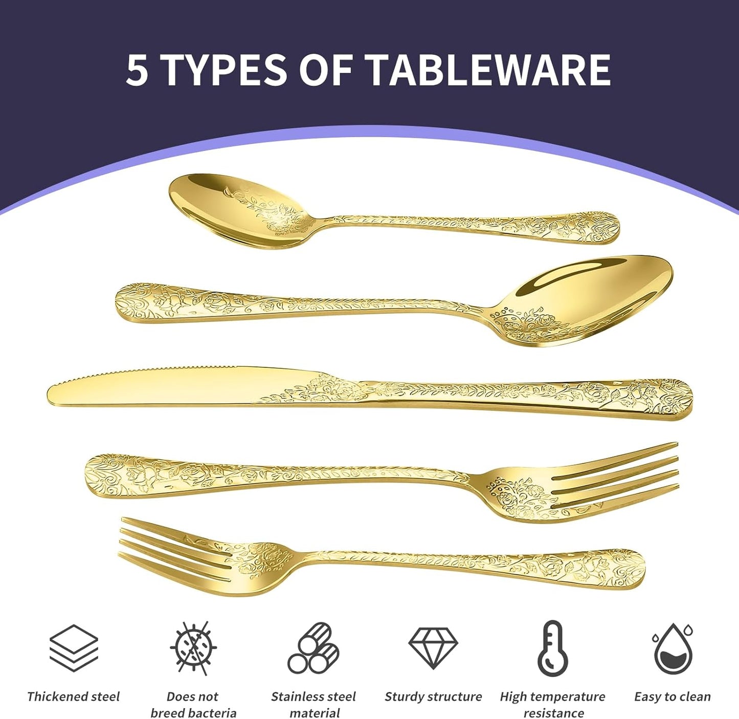 Floral 40 Pcs Gold Silverware Set for 8, Food Grade Stainless Steel Flatware Set with Rose Flower