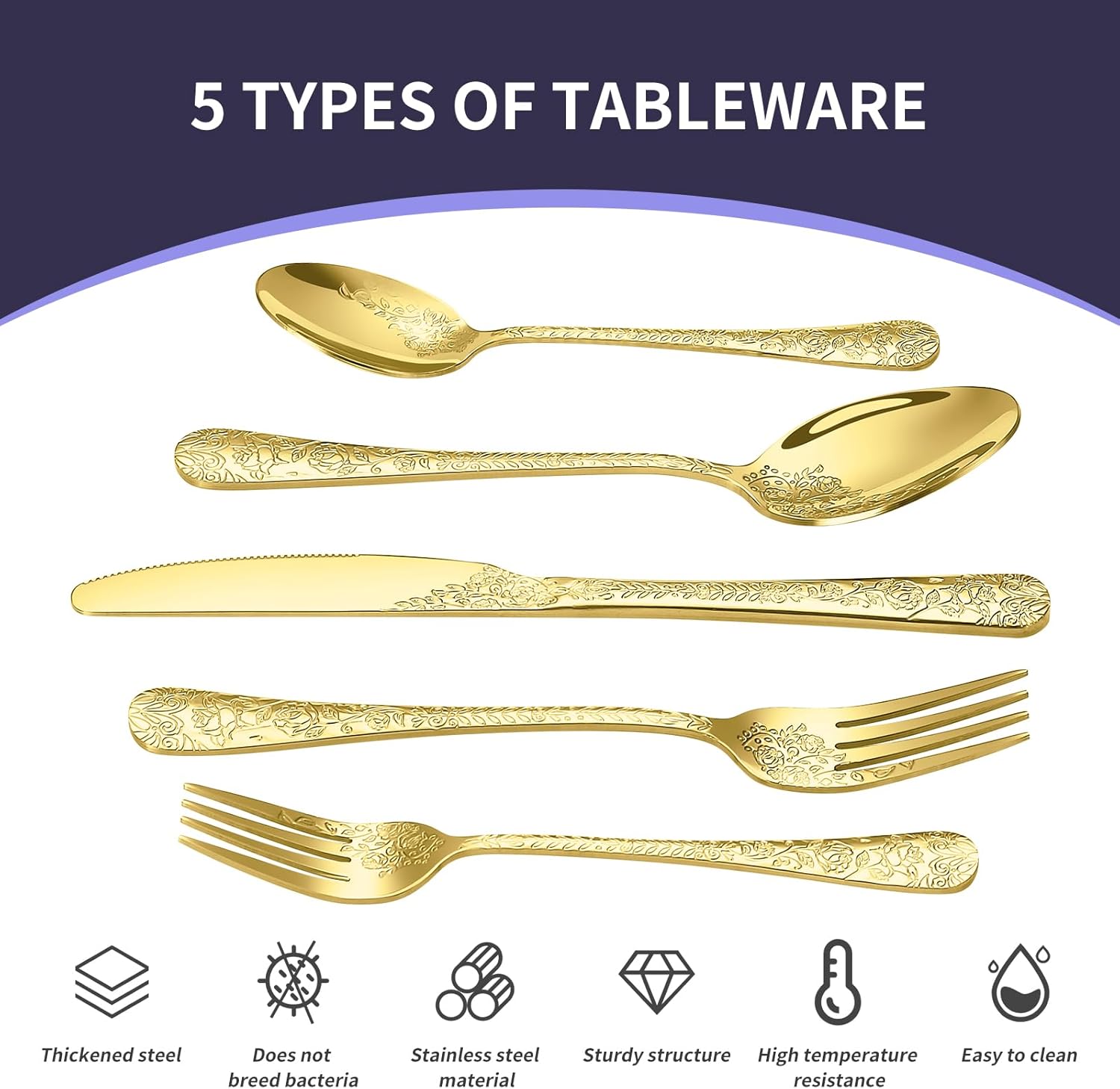 Floral 20 Pcs Gold Silverware Set for 4, Food Grade Stainless Steel Flatware Set with Rose Flower