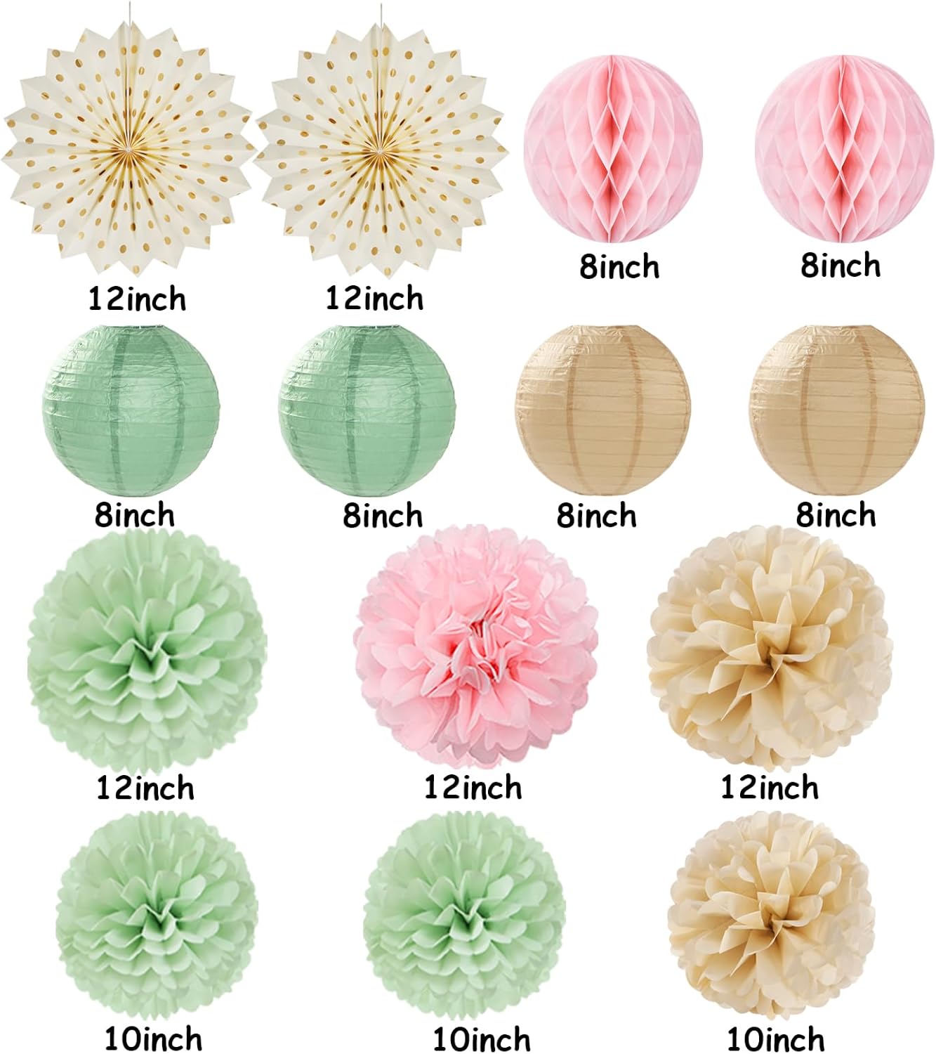 Sage-Green Pink-Champagne Party-Decorations Streamers Lanterns - 14pcs Neutral Baby Shower Paper