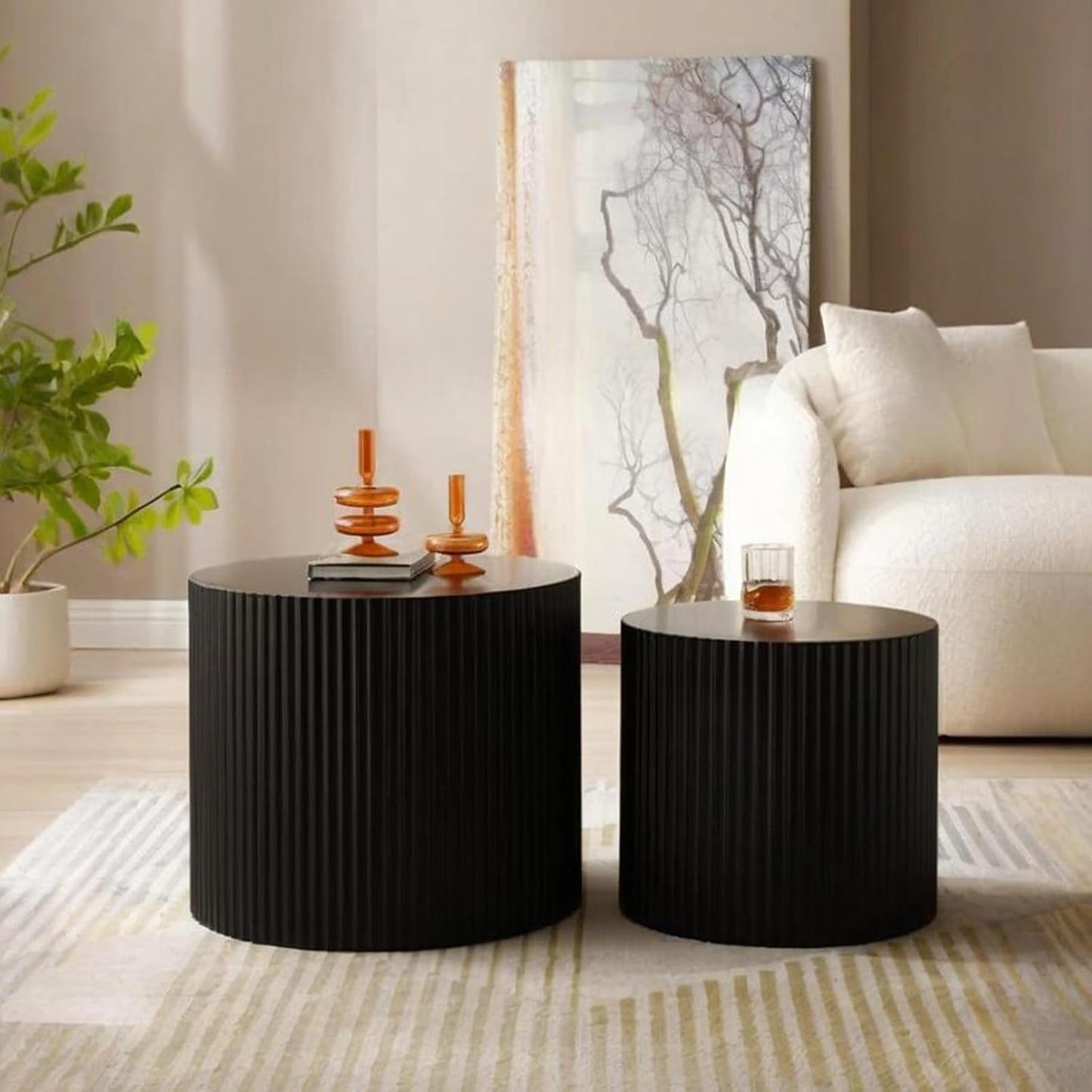 Round Nesting Coffee Table Set of 2 Modern Black Fluted Coffee Table Small Round End Table Side