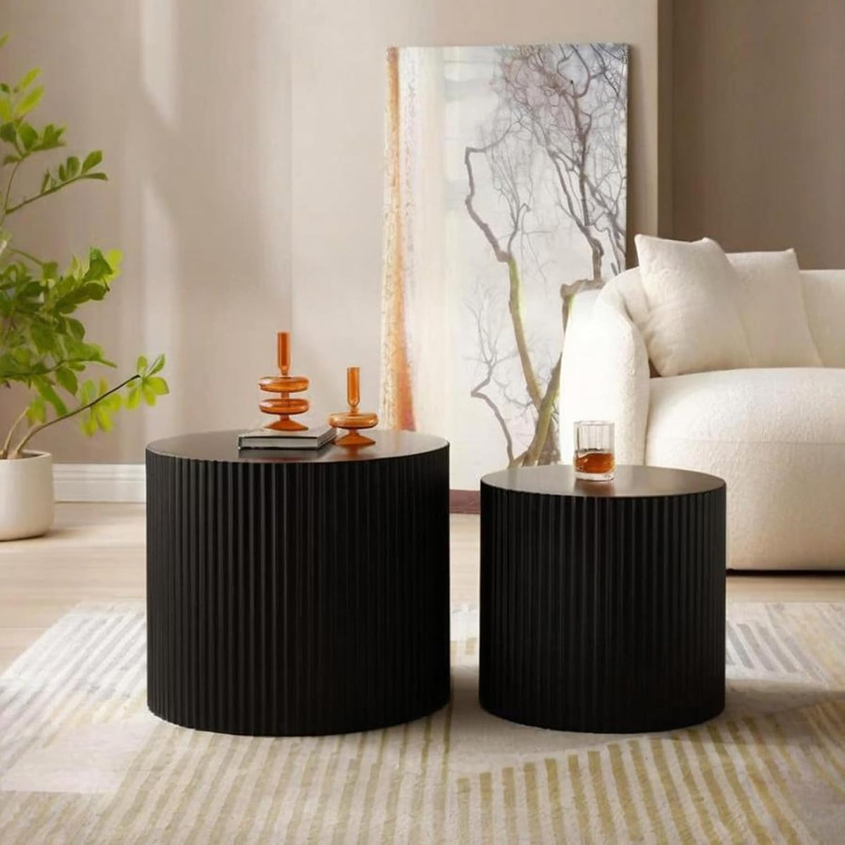 Round Nesting Coffee Table Set of 2 Modern Black Fluted Coffee Table Small Round End Table Side