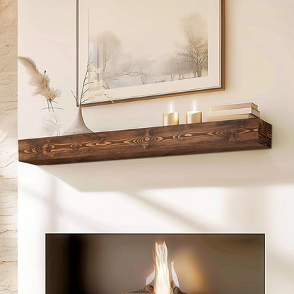 48x8x5 Fireplace Mantel - Handcrafted Hollow Rustic Solid Wood Wall Mounted Floating Shelf with