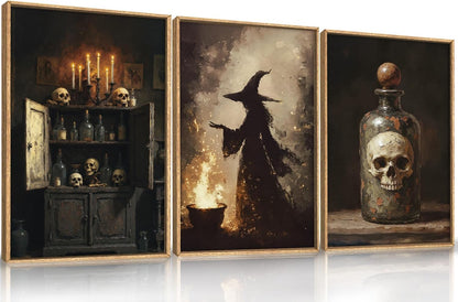 HPNIUB Halloween Witch Framed Canvas Wall Art Set, Terrifying Skeleton Poster Artwork, Vintage