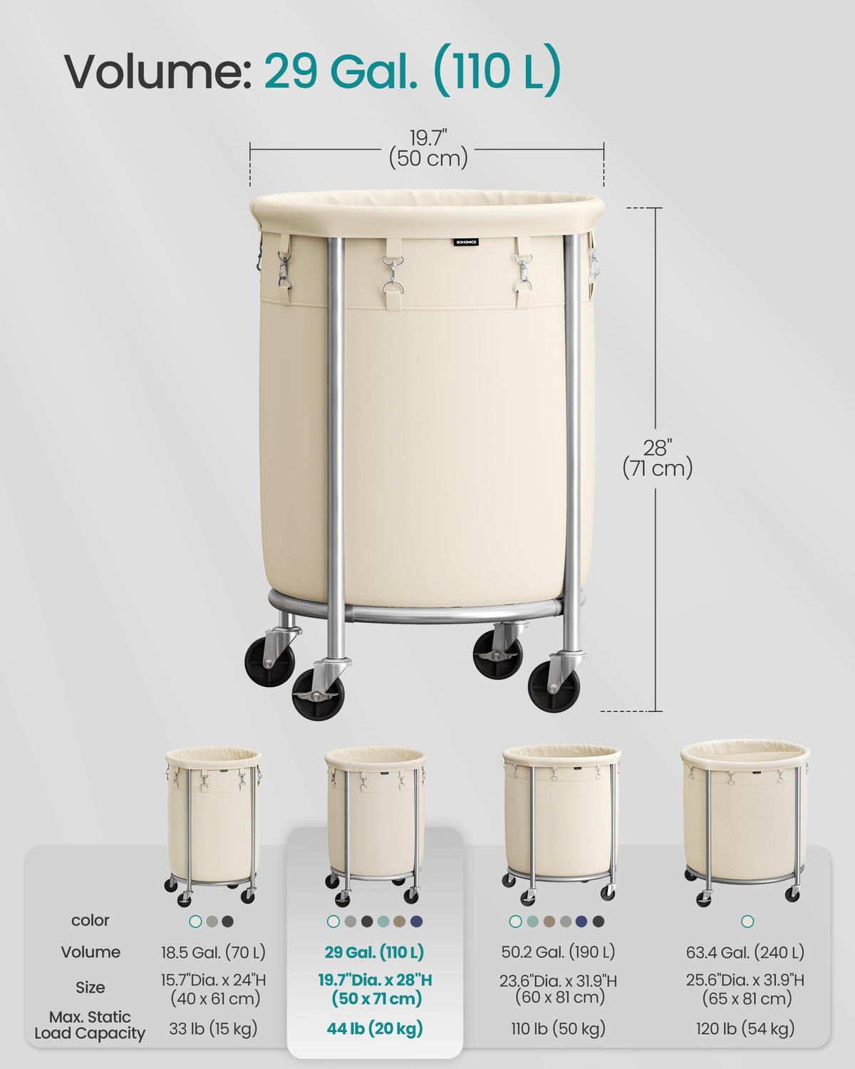 SONGMICS Laundry Basket with Wheels, 29 Gal., Steel Frame, Removable Bag