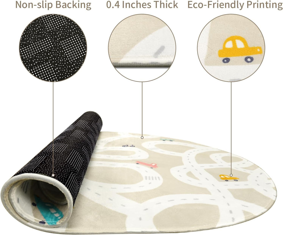 STARUIA Large Kids Rug for Playroom, 4'x6' Washable Road Rug for Nursery, Non-Slip Car Rugs for